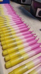  Pink and cream gradient tall dinner candles, lemon sparkle scent, two-tone cylindrical shape
