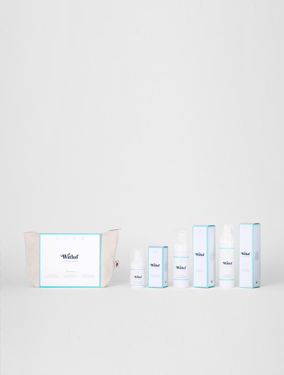 Prøv & rejsesæt - Toilettaske i bomuld + mousse 50 ml, toner 50 ml og ansigtscreme 15 ml