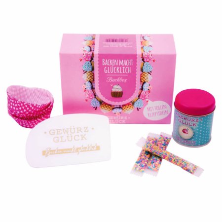 Gewürz-Glück Baking rende felice la scatola da forno - set regalo con decorazione per dolci, zucchero di fiori di cocco, lamponi, vaniglia, pirottini per muffin e idee per ricette