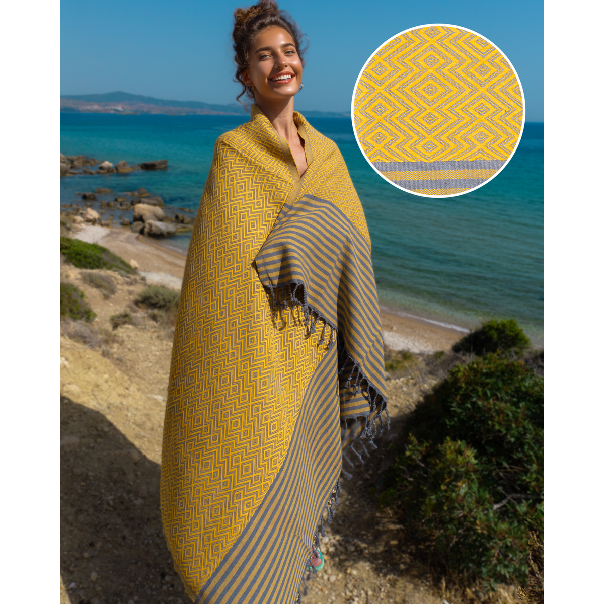 Telo da piscina Hammam in cotone SAHARA – Asciugatura rapida e leggero – Giallo - 180x100 cm