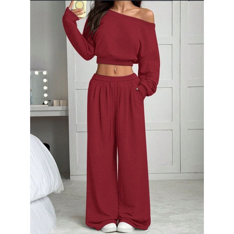 Damesmode slim-fit off-the-shoulder navel effen kleur casual broekpak