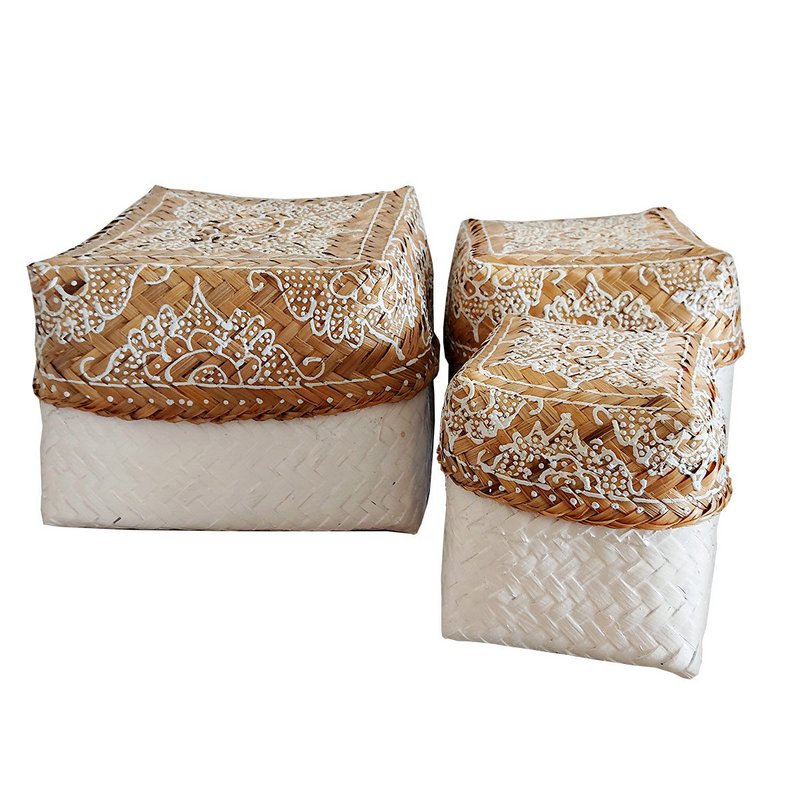Bamboe dozen, naturel/wit - set van 3