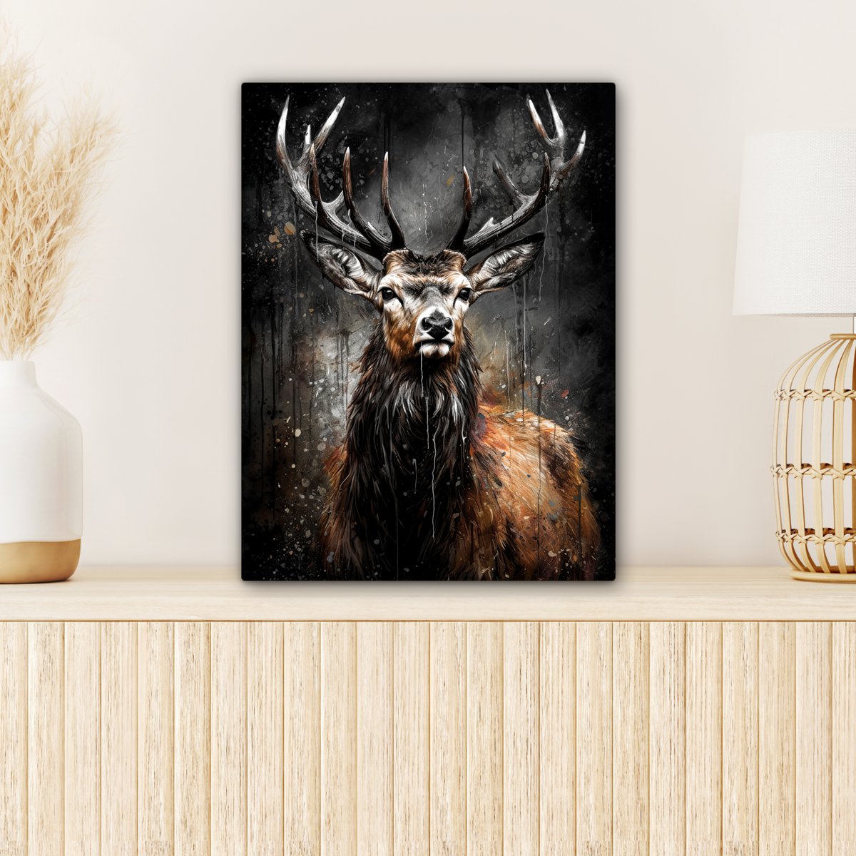 Leinwand Malerei - Wanddekoration Hert - Schwarz - Tier - Hirschbett - Wanddekoration Wohnzimmer - Schlafzimmer Dekoration - Raumzubehör - Leinwand Gemälde