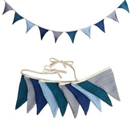 Blue shades triangle flag bunting garland, 2.5 meters, nursery room decoration, fabric pennants.