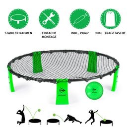 Green and black catch and throw trampoline game with ball, outdoor recreational toy for kids.