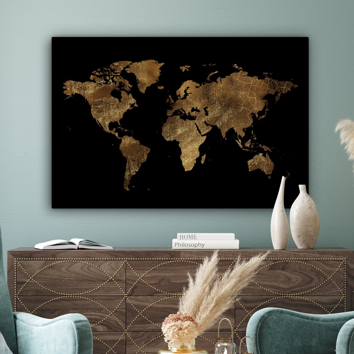 Canvas schilderij  - Wanddecoratie - Wereldkaart - Goud - Luxe - Aarde - Zwart