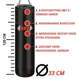 Black faux leather punching bag, 150 cm tall, suitable for fitness equipment. Features the NRG logo.