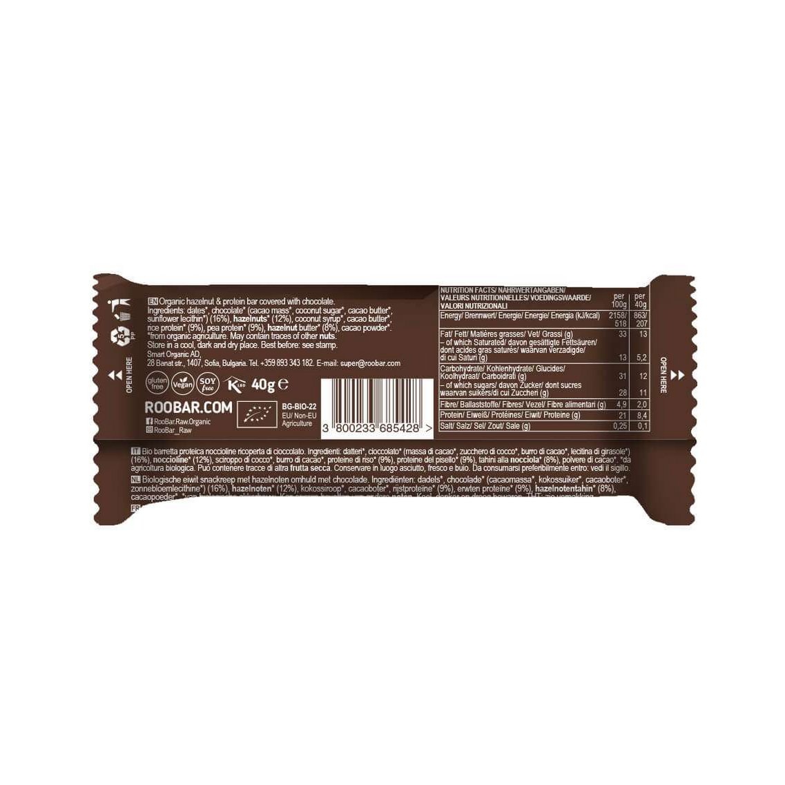 Hazelnut Protein Bar Covered With Chocolate, organic, Roobar, 40g