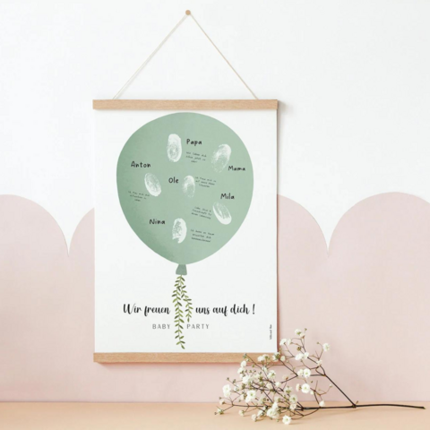 Gästebuch Babyparty Ballon - Fingerabdruck Babyfeier grün