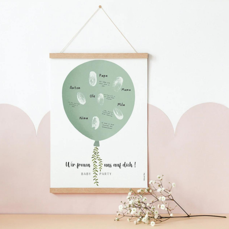 Gästebuch Babyparty Ballon - Fingerabdruck Babyfeier grün