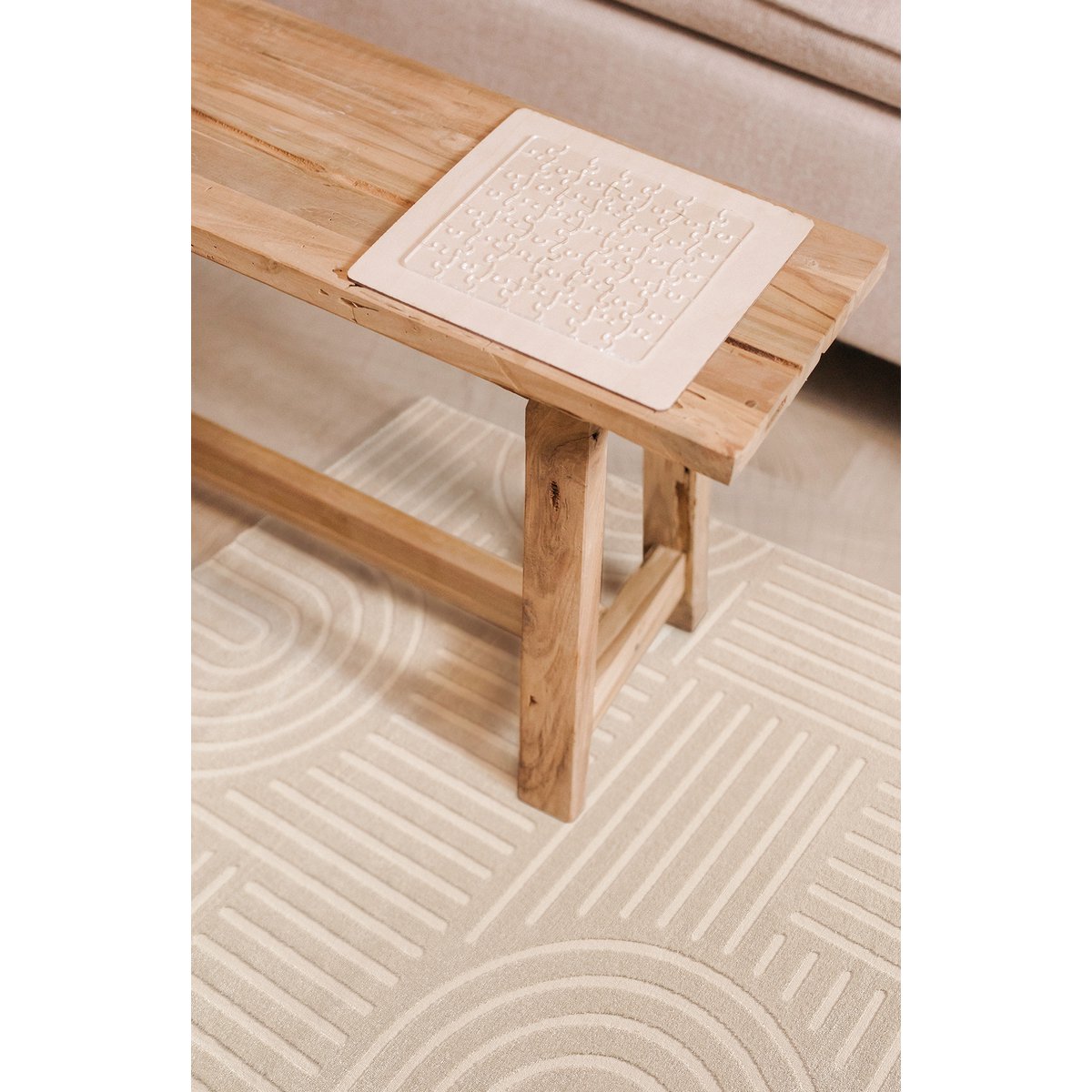Short Pile Rug, Circle, Living Room, Boho Geometric -Cream - Ø160 cm (round) - Super Soft Modern Rug