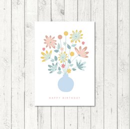 Colorful floral bouquet postcard for birthday celebrations. Features a variety of flowers in pastel shades arranged in a vase.