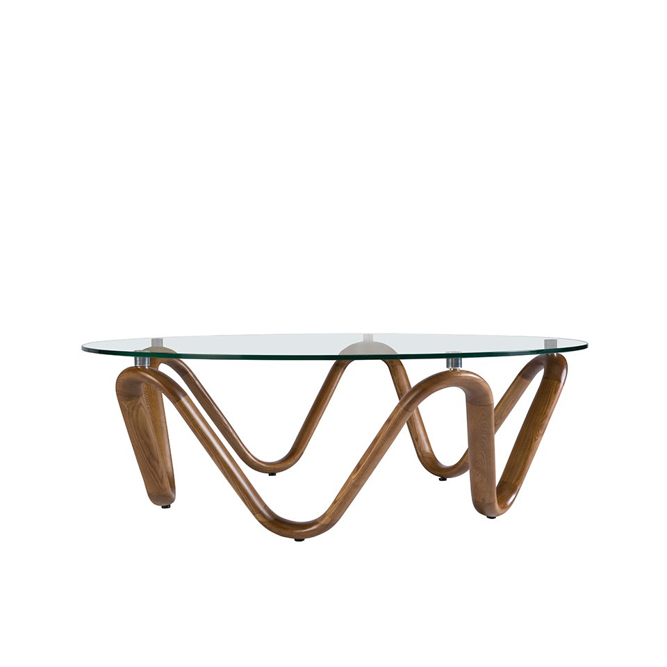 Round tempered glass and walnut coffee table 2124