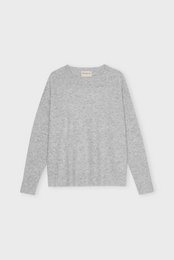 Light grey melange merino knit sweater, long sleeves, cozy layered style, women's casual knitwear.