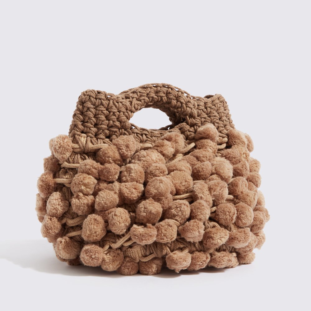 Sac à main en coton crochet « Nadia pom-pom » sable