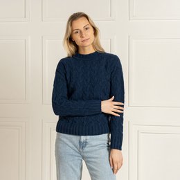 Damski sweter warkoczowy, wykonany w 100% z merynosów, Praga, ciemnoniebieski
