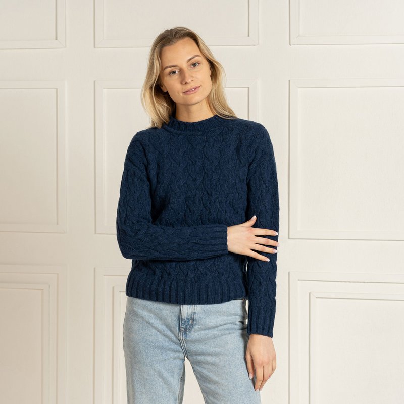 Damski sweter warkoczowy, wykonany w 100% z merynosów, Praga, ciemnoniebieski