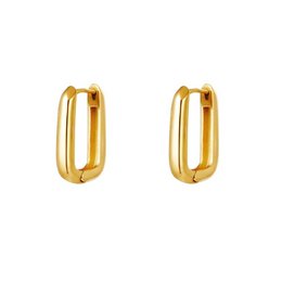 Rectangular gold and silver hoop earrings with a smooth finish.