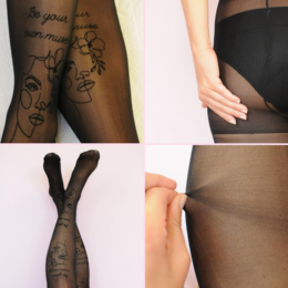 1 par %23StatementTights BE YOUR OWN MUSE Medias negras "Message on Tights" con cara 40 DEN Arte "One Line"