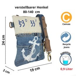Bolso de hombro sostenible de mujer Sunsa. Bolso bandolera hecho de jeans reciclados y lona (canvas). Bolso estilo retro vintage. Bandolera de mujer con motivo marinero ancla