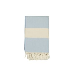 A soft, plush bath towel in a light blue and cream color scheme, featuring a striped pattern and tasseled edges for a stylish and cozy look. Suitable for use in the bathroom or as a beach towel.