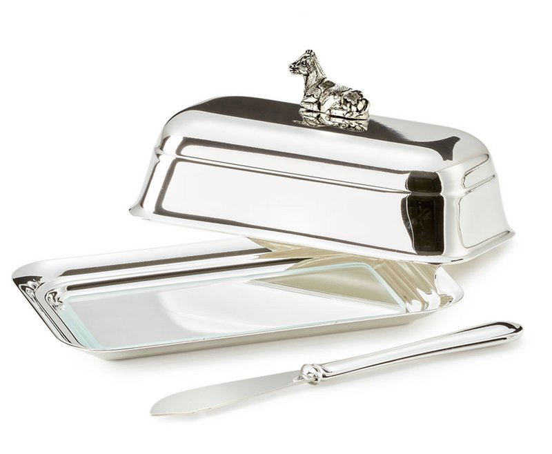EDZARD botervloot koe met glasplaat, verzilverd, 8 x 13 cm, met bijpassend botermes