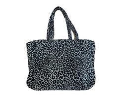Large leopard print tote bag with dual handles, available in taupe and black colors, suitable for shopping and everyday use.