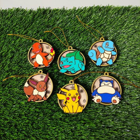 Set of 6 Wooden Pokémon Christmas Ornaments, Colorful Geek Gift, Xmas Tree Ornaments, Home Decor, Eco-Friendly Christmas Decoration