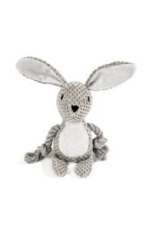 "Soft knitted rabbit toy with long ears, white and gray colors, plush material, perfect for dogs"