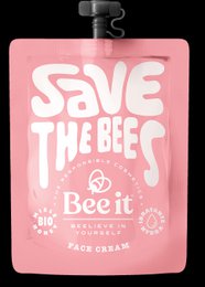 Moisturizing and anti-age prevention face cream in a pink packaging with the text "Save the bees" and a bee icon.