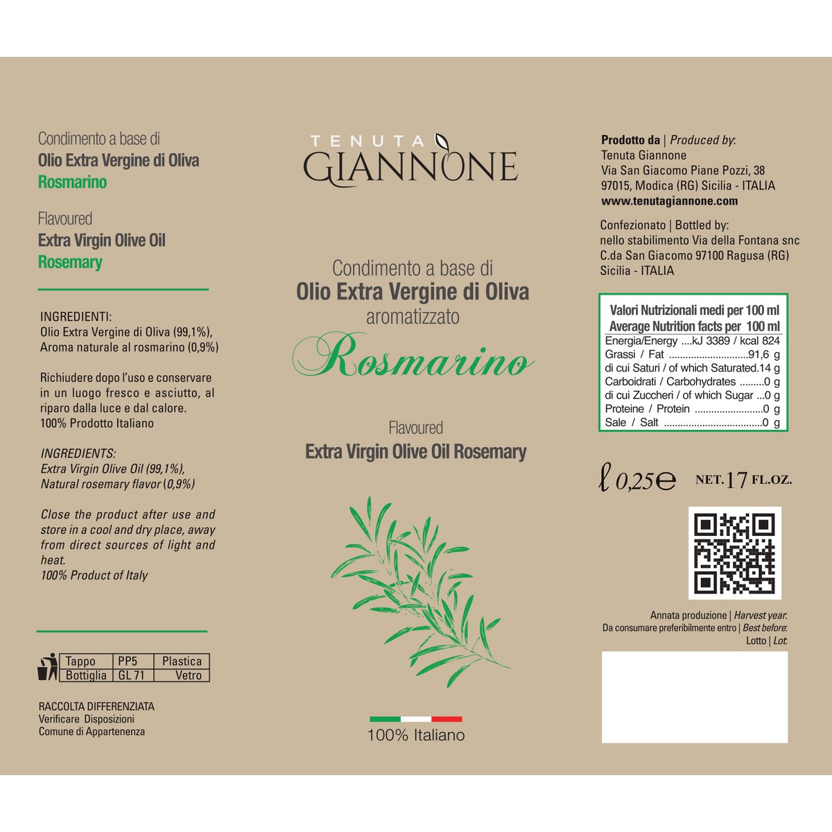 ITALIA | SICILIA | FLAVOURED Extra Virgin Olive Oil | ROSEMARY | 250 ml