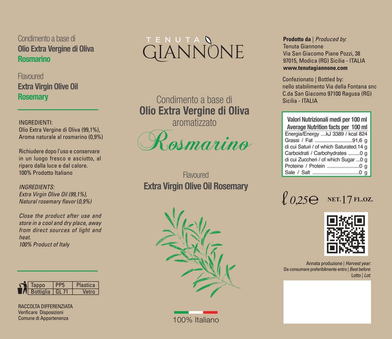 ITALIA | SICILIA | FLAVOURED Extra Virgin Olive Oil | ROSEMARY | 250 ml