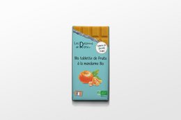 Organic tangerine fruit bar with dark chocolate coating. Made with natural ingredients, no artificial colors or preservatives. Rectangular shape, vibrant orange and brown colors.