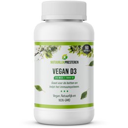  Vegan vitamin D3 supplement in a white bottle with green accents. Provides 25 mcg of vitamin D3 per serving to support bone and immune health.