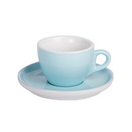 A set of 6 light blue ceramic coffee cups with saucers, each cup holds 160 ml of liquid. The cups have a simple, minimalist design that would complement a variety of kitchen and dining decor styles.