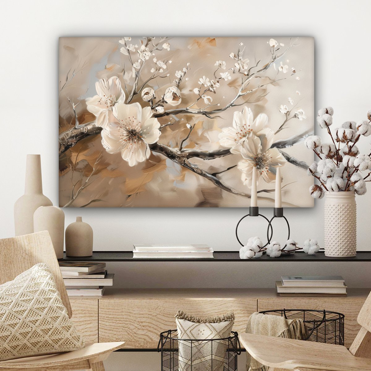 Canvas schilderij  - Wanddecoratie Bloemen - Natuur - Wit - Bloesem - Abstract - Muurdecoratie woonkamer - Slaapkamer decoratie - Kamer accessoires - Schilderijen op canvas