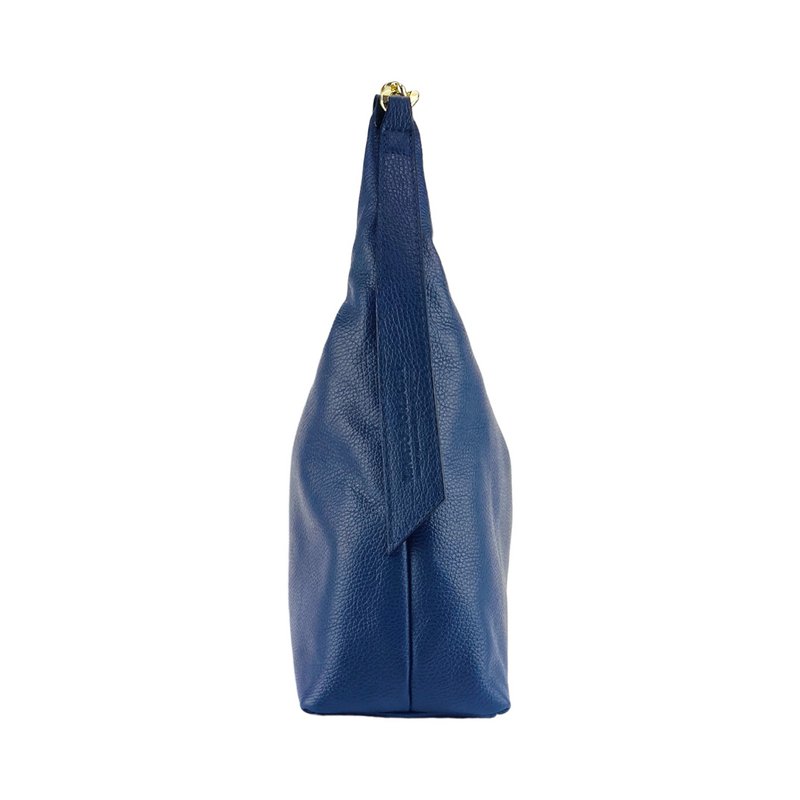 RB1017D | Soft women's shoulder bag in genuine leather Made in Italy with single handle and removable shoulder strap. Attachments with shiny gold metal snap hooks - Blue color - Dimensions: 36 x 40 x 13 cm