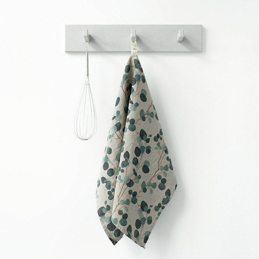 Serviette de cuisine eucalyptus sur lin naturel