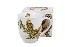  A white ceramic mug featuring a colorful illustration of barn owls perched on branches. The mug has a capacity of 400ml and comes in a gift box.