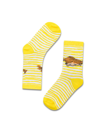 Yellow and white striped socks with a Pippi Longstocking design.