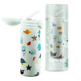 A 350ml green thermos bottle with a sealife pattern, including various sea creatures and stars. The bottle is designed for children and comes in a gift box.