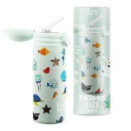 A 350ml green thermos bottle with a sealife pattern, including various sea creatures and stars. The bottle is designed for children and comes in a gift box.