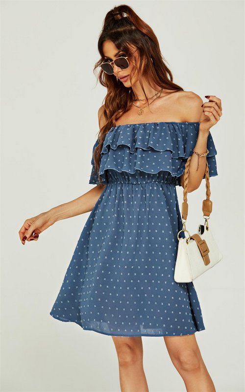Bardot Frill mini kjole i blå