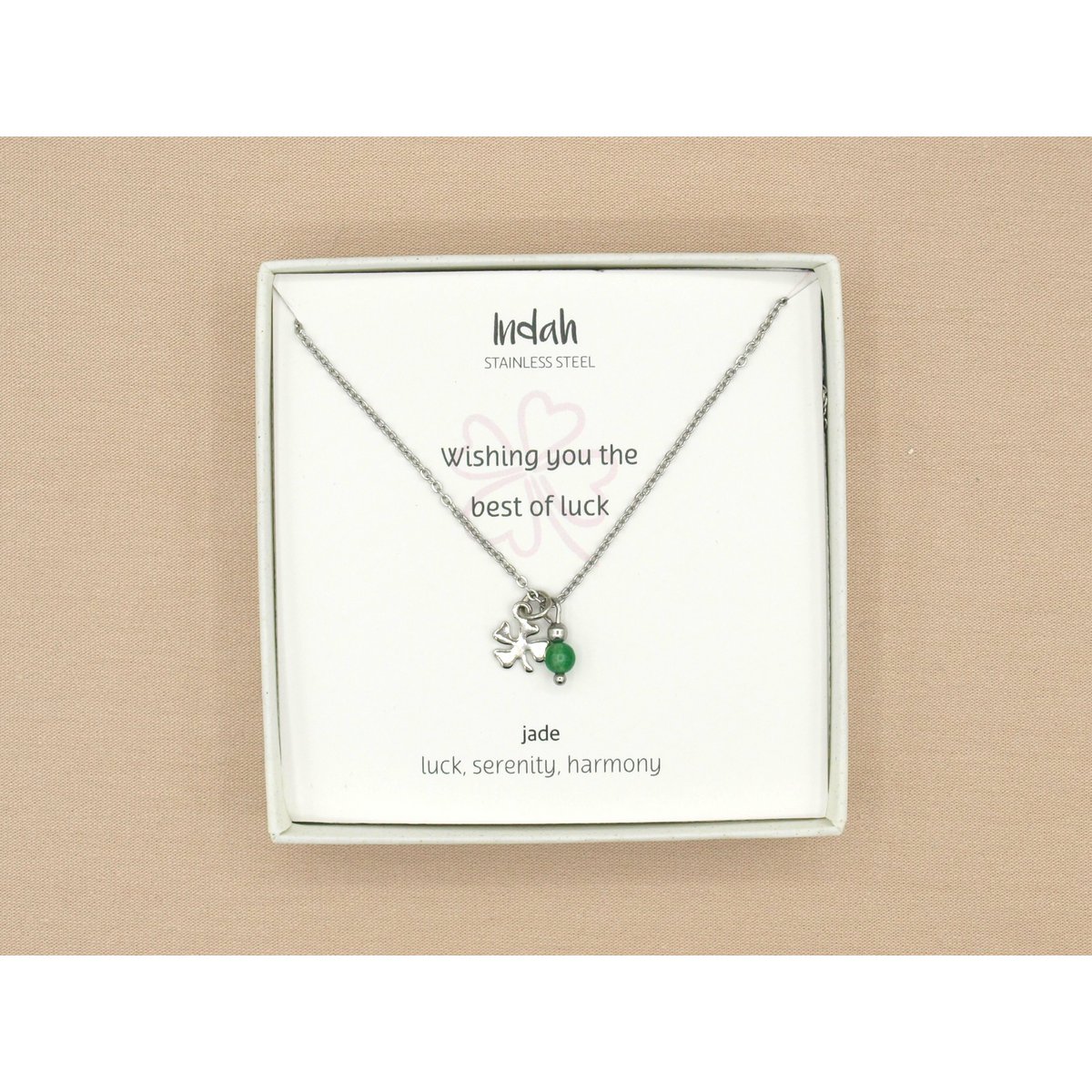 Ketting rock, klavertje vier en jade, zilver of goud stainless steel