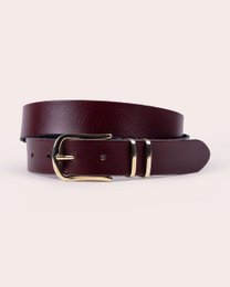Classic leather belt with twin loops, burgundy wine black off-white, adjustable sizes, minimalist buckle design