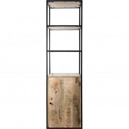 Tall cabinet with metal frame and wooden shelves and door. Suitable for storage in living room or bedroom.