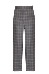 Relaxed-fit grey wool trousers with a check pattern, made in Italy. Available in sizes 48, 50, and 52.
