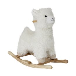 A white, plush llama-shaped rocking toy made of polyester. The toy has a cute, friendly expression and is designed for children to play with.
