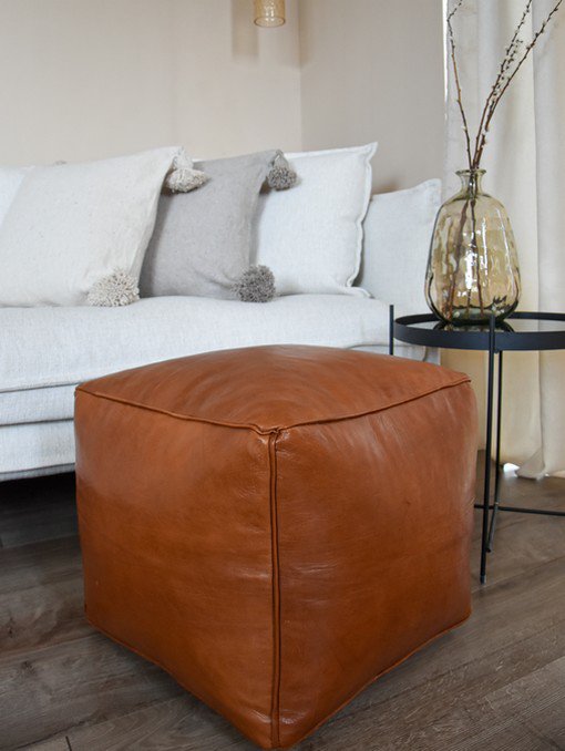 Pouf in pelle - marrone caramello (quadrato) - Consegnato imbottito