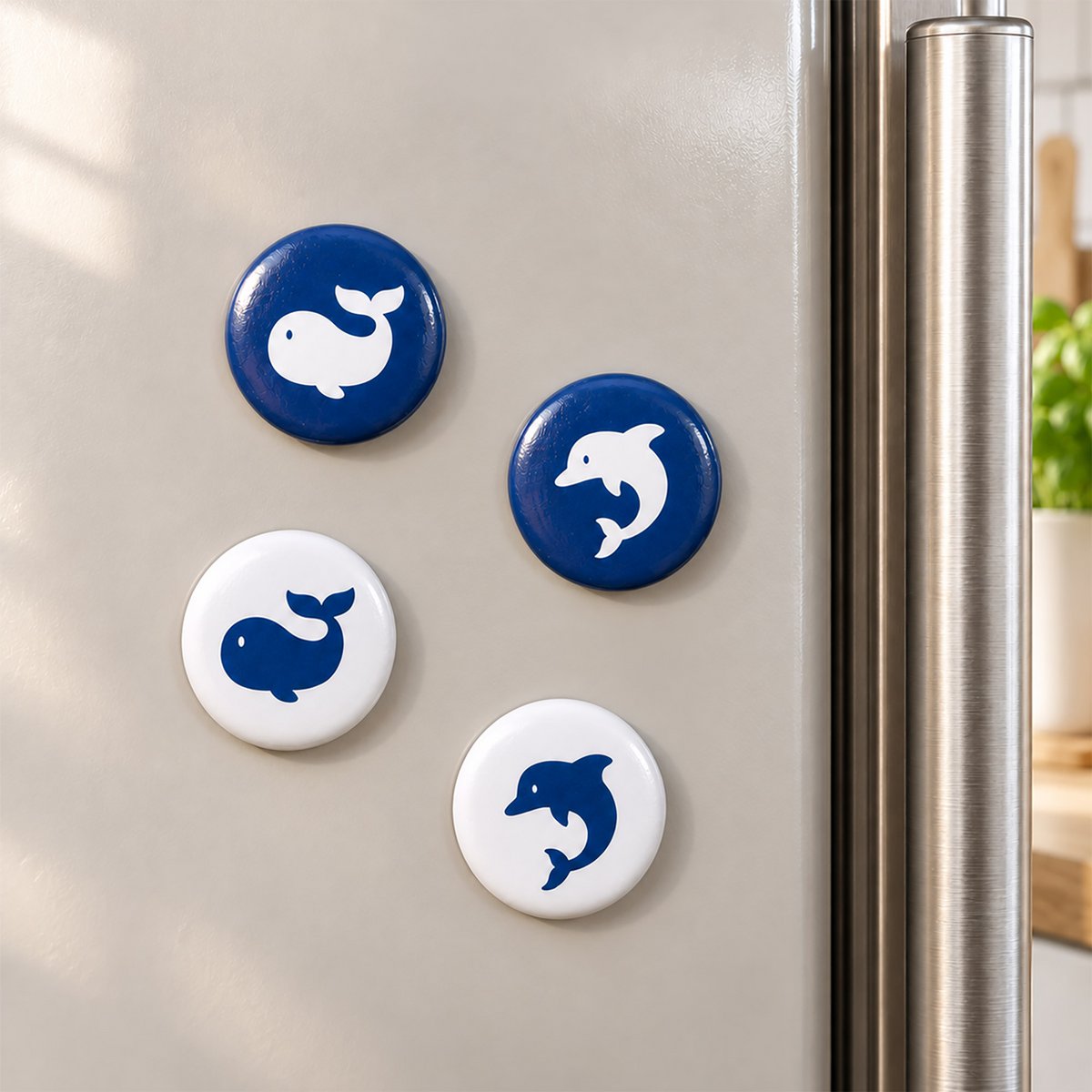 Kühlschrankmagnet Delfin – Blauer Delfin auf Weiß, Ø 2,5 cm